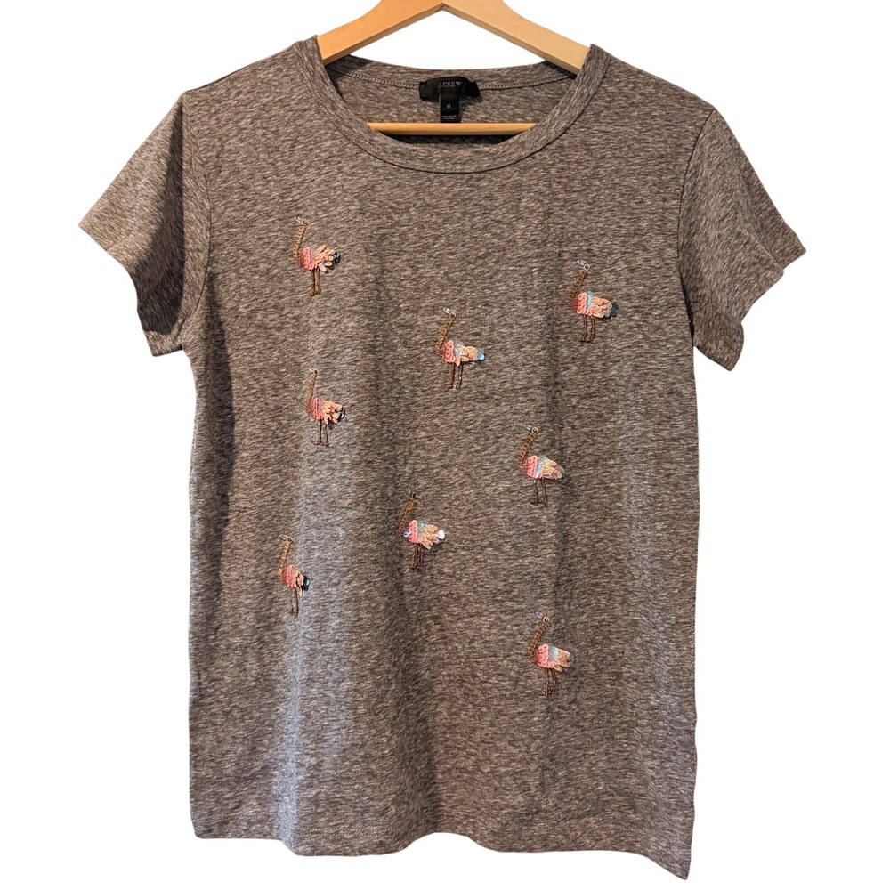 J Crew Flamingo Sequin Embellished Short Sleeve Tee Gray M Beach Coastal Vintage